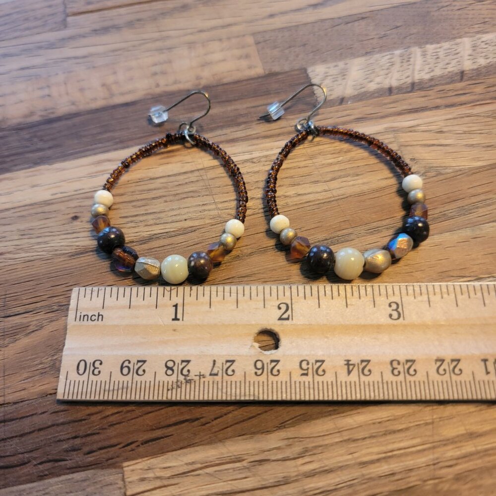 Boho Warm Brown Beaded Hoop Earrings - Picture 3 of 8